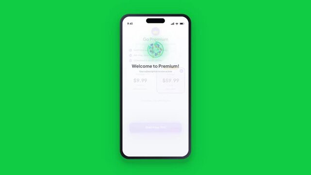 3D smartphone premium subscription upgrade app with pricing plan activation on green screen