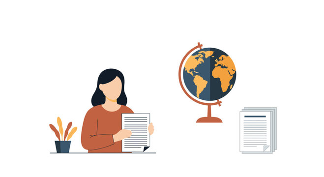 A professional woman meticulously reviews travel documents at her desk while a globe and airplane icon illustrate a seamless process against a clean white background.