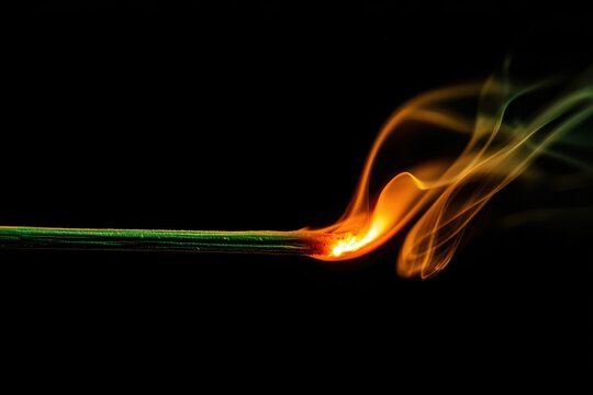 Close-up of a long green fuse burning on a black background with a vivid flame
