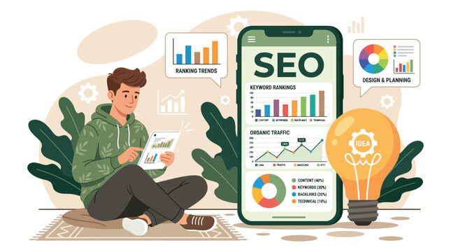Professional young man managing search engine optimization analytics on a tablet in this flat vector illustration
