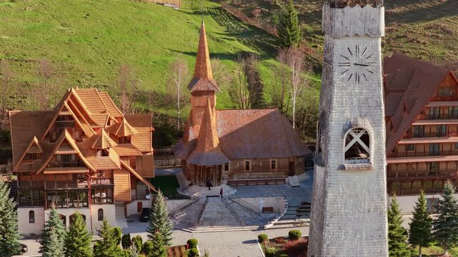 Aerial drone view of the Monastery Acoperamantul Maicii Domnului in Dorna Arini, Suceava County, Romania