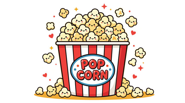 Cute vector illustration of a striped popcorn bucket filled with many happy little smiling kernels
