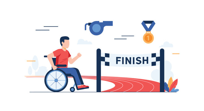 A determined male athlete in a blue wheelchair crosses a white finish line on a red running track under a golden first-place winner medal and blue whistle.