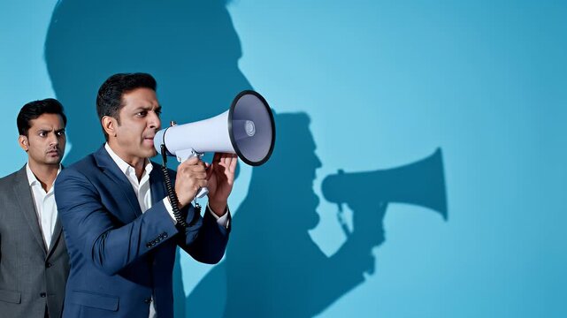 Two men in suits, one shouting into a megaphone with a dramatic shadow behind them
