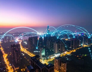 Obraz premium Global Network Connections Overlaying a Modern Cityscape at Dusk.
