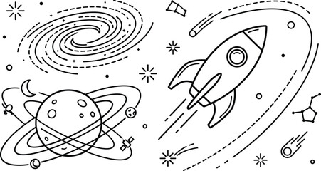 Outer space doodle vector illustration with rocket ship planet saturn galaxy swirl and comets minimalist black line art design isolated on white background © Malati