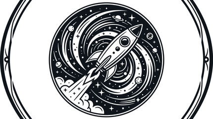 Vintage rocket ship vector illustration in circular galaxy frame retro space emblem black and white linocut style cosmic logo sticker design template © Malati