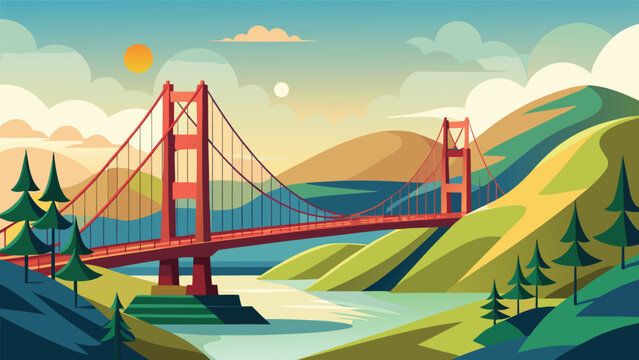 Golden Gate Bridge spanning a river during a vibrant sunset with rolling hills and pine trees