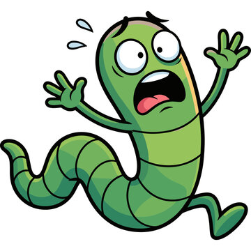 A shocked cartoon worm is running with a frightened expression on its face.