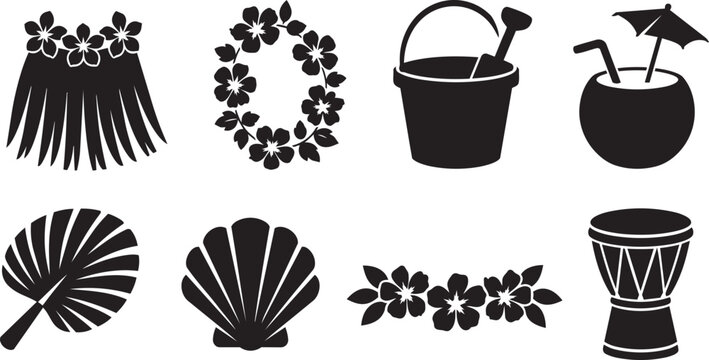 Set of tropical beach icons including hula skirt, lei, bucket, and drum