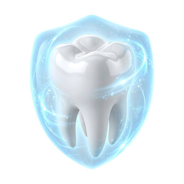 3D render of white molar tooth protected by glowing blue shield isolated