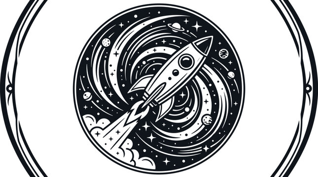 Vintage rocket ship vector illustration in circular galaxy frame retro space emblem black and white linocut style cosmic logo sticker design template