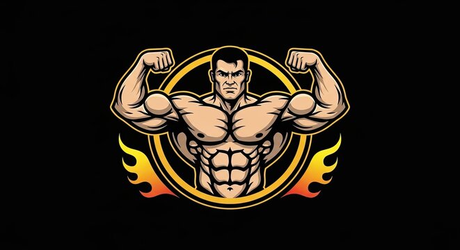 Bodybuilder logo featuring muscular man flexing in a circle.