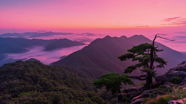 Pink Sunrise Over Misty Mountain Peaks With Lone Pine Tree
