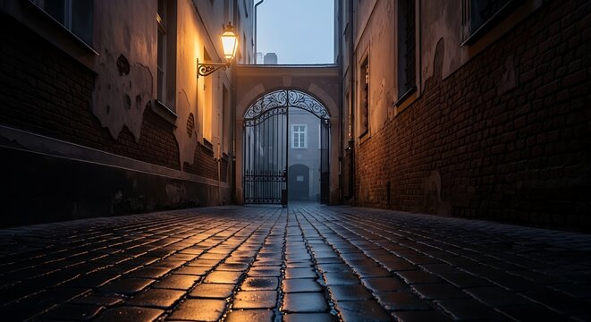 Narrow alleyway with cobblestone street.