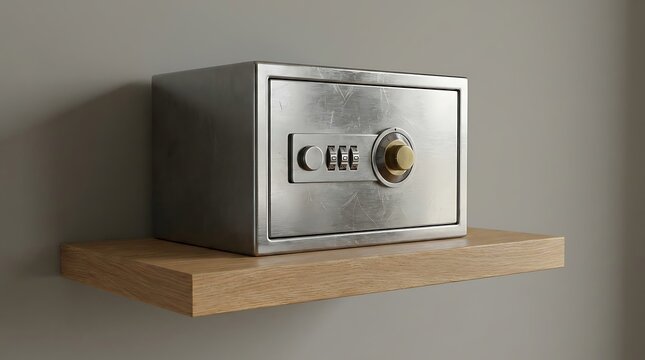 Modern safe box resting on a wooden shelf in a minimalist interior, representing secure storage, privacy, and protection of valuable assets.