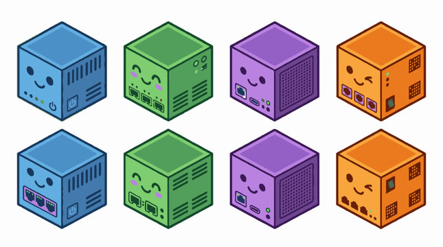 Isometric vector illustration of cute colorful server cubes with smiling faces.