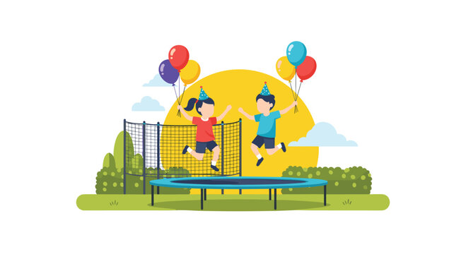 Energetic young children wearing festive party hats leap high on a blue trampoline during a vibrant outdoor celebration under a warm and glowing sun.
