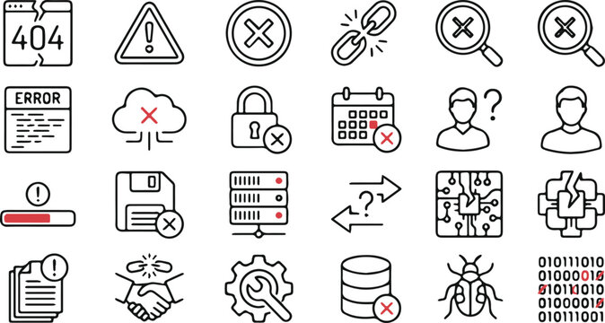 Website Error and System Warning Icon Set, Minimalist Vector UI Symbols with 404 Page, Broken Link, Warning Triangle, Bug, and Server Failure, Monoline Linear Design Elements on White Background