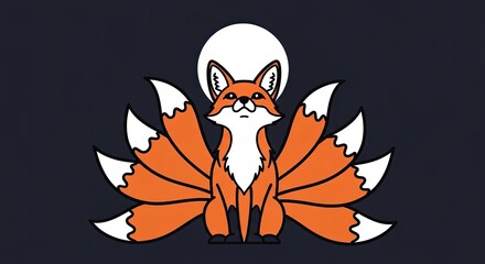 Naklejka premium Cartoon kitsune nine-tailed fox sitting under white moon.