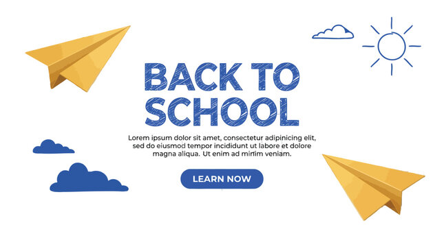 Creative back to school vector graphic illustration featuring paper airplanes and blue textured typography elements