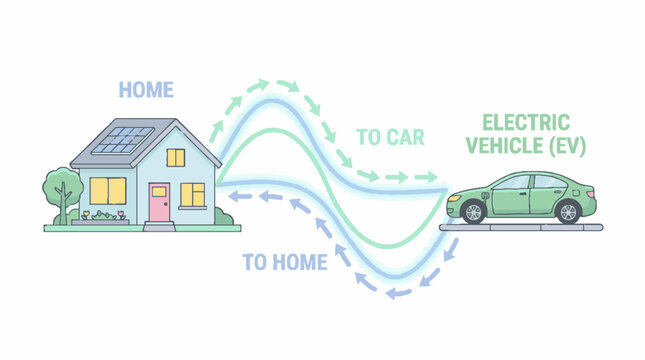 Vector illustration of vehicle to home technology showing bidirectional energy flow between house and electric car.