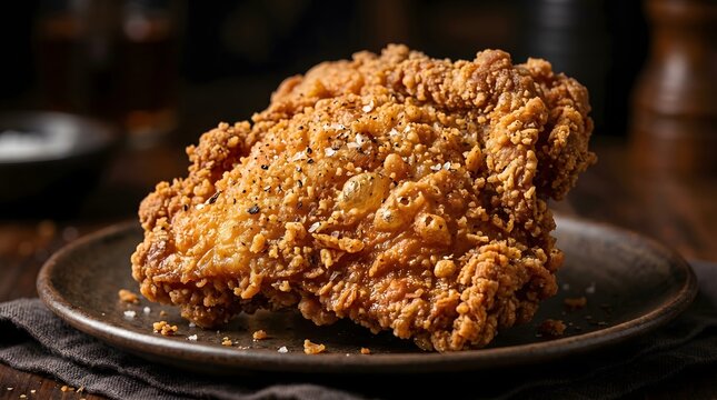 Large Crispy Korean Fried Chicken Close Up on Dark Slate Board, Premium Texture Food Photography