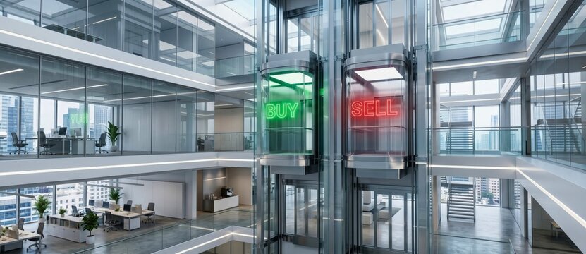 Modern office building interior with glowing elevators in glass shaft, elevator