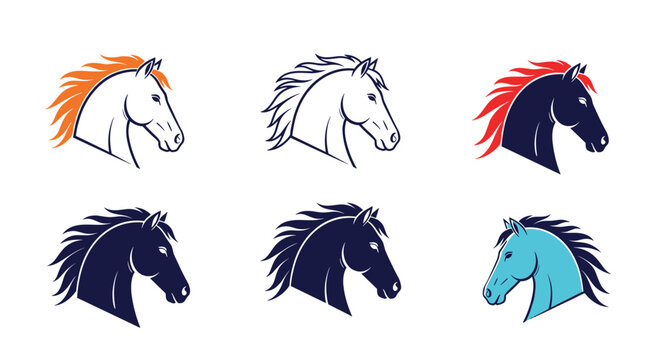 Set of six horse head profile logos in different color styles and line weights, suitable for equestrian branding and design.