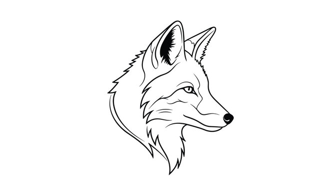 Detailed black and white line art illustration of a fox head from a side profile view, highlighting its clever features.