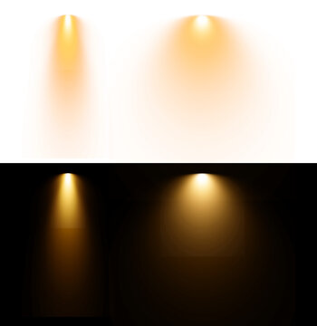 Golden spotlight beam collection on transparent background bright stage lighting effect illuminated floor lamp cone for event presentation exhibition design template.