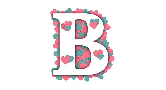 Decorative letter B filled with colorful heart patterns.