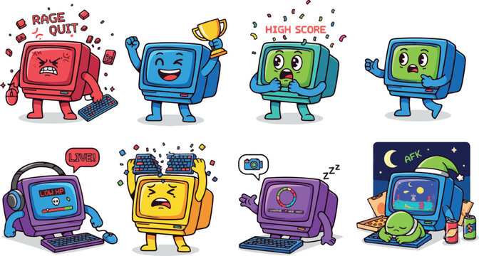 Kawaii Computer Monitor Mascot Sticker Set for Gaming and Streaming Concepts, Cute Cartoon PC Character Bundle Illustrating Victory and Rage Quit Moods, Vector Art Isolated on White