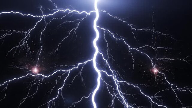 Brilliant white lightning forks against a deep blue night sky