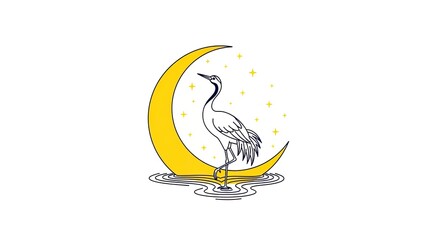 Fototapeta premium Elegant crane bird silhouette standing on a crescent moon