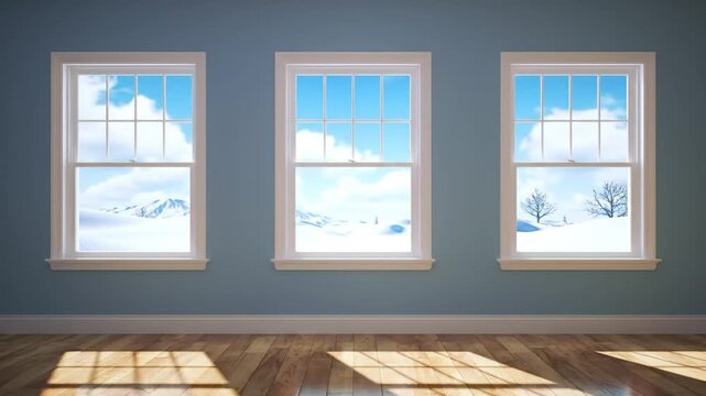 Empty room with three windows overlooking a snowy winter landscape with blue sky and mountains