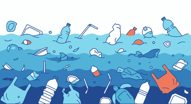 Sea turtle swimming through plastic waste in the blue ocean