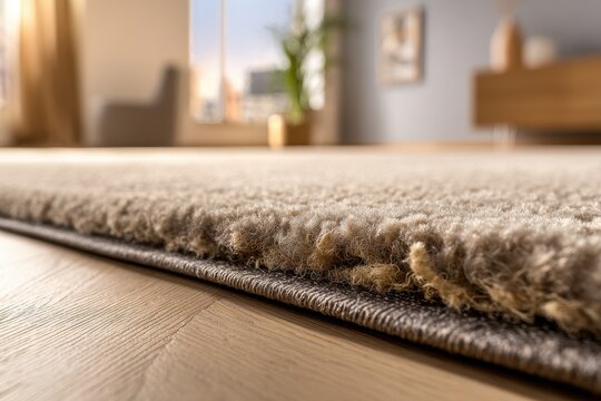 Close-up of a carpet edge revealing soft padding underlay beneath textured fibers