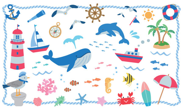 夏の海のイラスト素材セット　マリンテイスト  白背景
