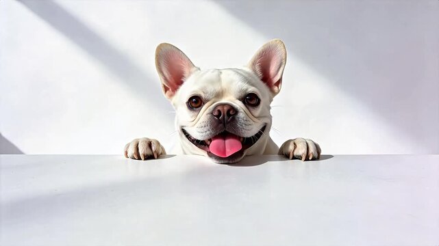 White French Bulldog peeking over surface