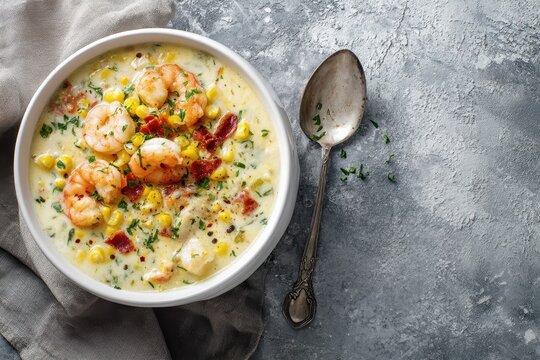 Creamy crab chowder with shrimp and corn in a rustic bowl on a concrete surface with ample copy space