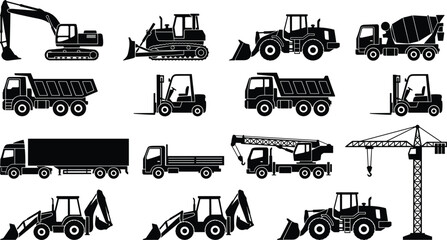 Heavy Construction Machinery Vector Icon Set Featuring Black Silhouette Shapes of Excavator Bulldozer Wheel Loaders Cement Mixer Dump Trucks Forklifts Semi Truck Crane Truck and Tower Crane for Indust © Sonjoy