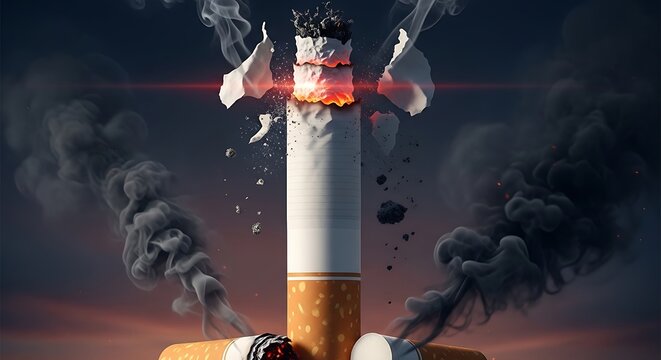 Smoking cigarette with smoke and fire.