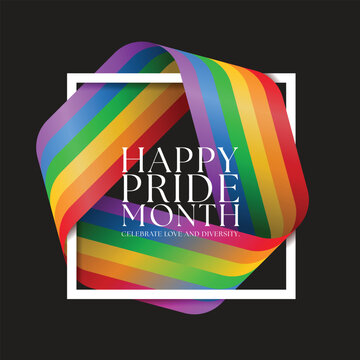 Happy pride month text in white frame with rounded triangle rainbow pride flag rolling cross around on black background vector design