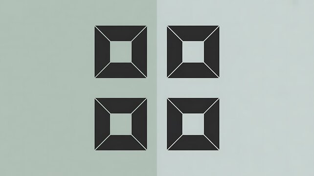 Geometric shapes, black square icons, minimalist design elements, gray background