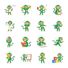 Obraz premium Educational and playful monkey icons with learning, reading, running, teaching, sports, and school-themed cartoon activities.