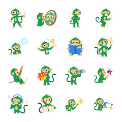 Obraz premium Funny monkey icons showing gestures, dreaming, listening, telescope viewing, juggling, sneaking, and playful cartoon actions.