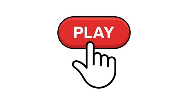 Play button, hand cursor, red icon, web interface, multimedia control