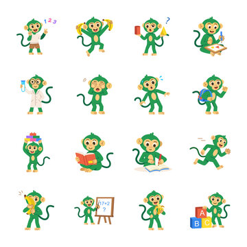 Educational and playful monkey icons with learning, reading, running, teaching, sports, and school-themed cartoon activities. 

