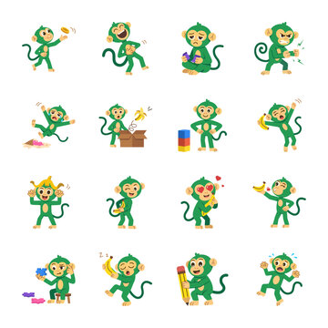 Cute monkey emotion icons featuring happy, sad, funny, sleepy, learning, and playful cartoon expressions in flat vector style. 

